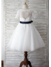 Ivory Lace Tulle Short Sleeves Heart Hole Back Knee Length Flower Girl Dress 